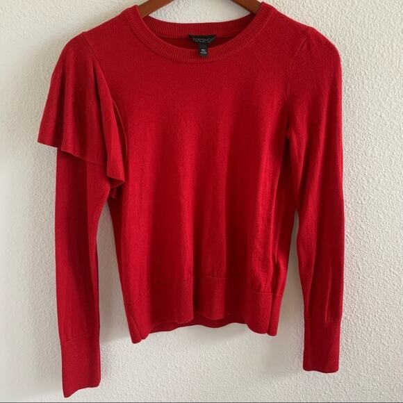 TOPSHOP Red Half Ruffle Sweater Top US 2 - Picture 3 of 9